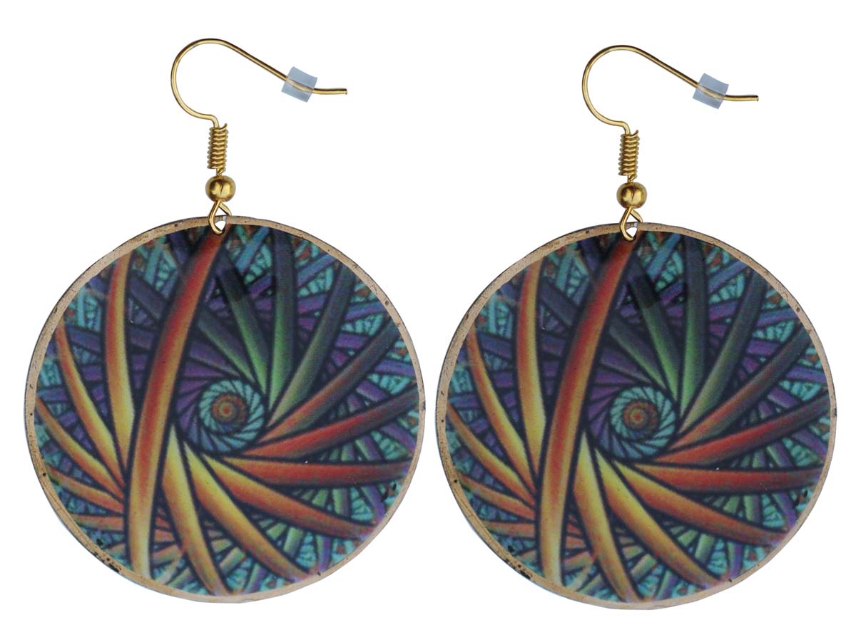 2.5” Round Brass Hook Earrings in Blue Orange Abstract Pattern - Drop Earrings / Accessories for Her - Buy in Bulk Wholesale